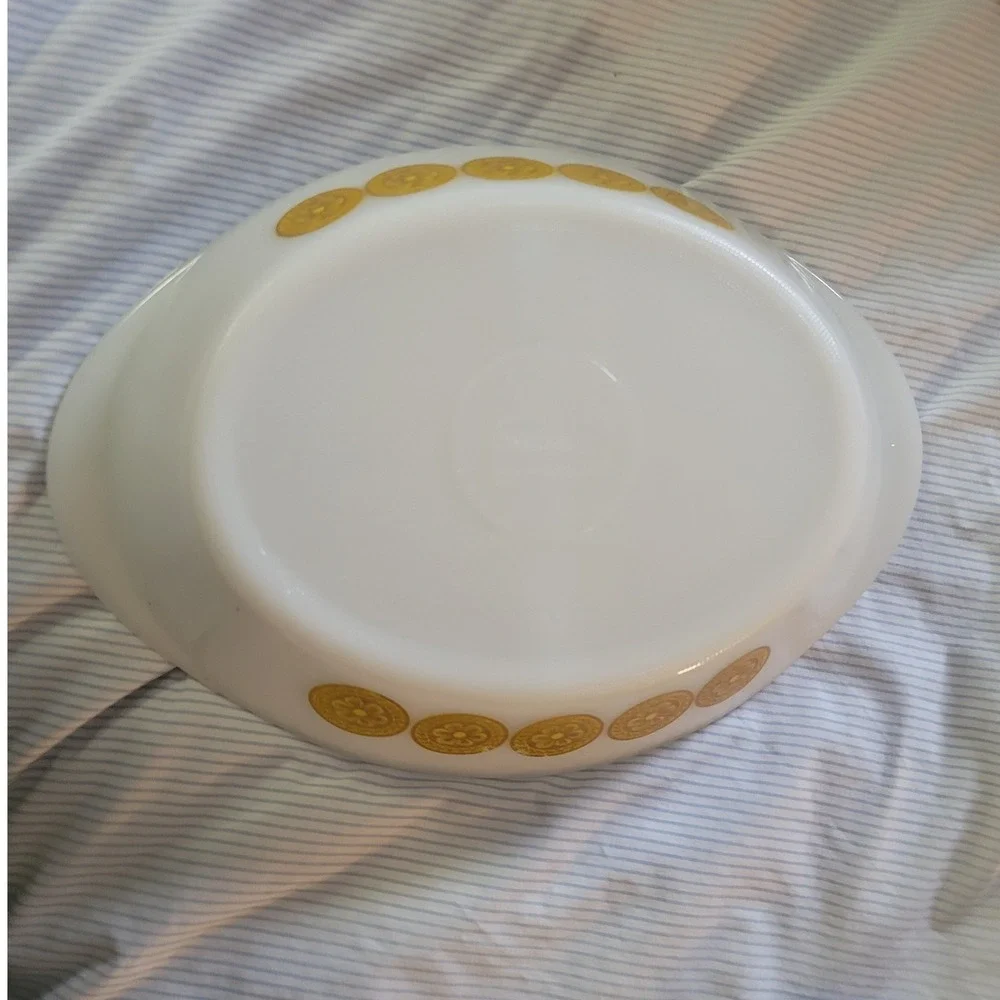 Vintage Glasbake Divided Serving Dish Golden Flower‎ Pattern Milk Glass